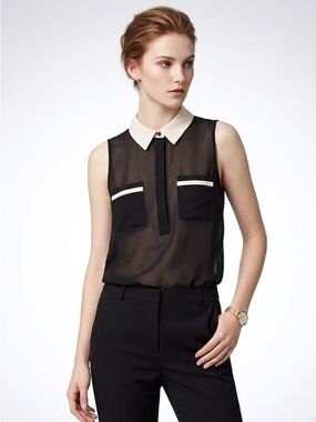 3/$30 Sleeveless Black & Creme Collar Sheer Contrast Collar Top Blouse Small